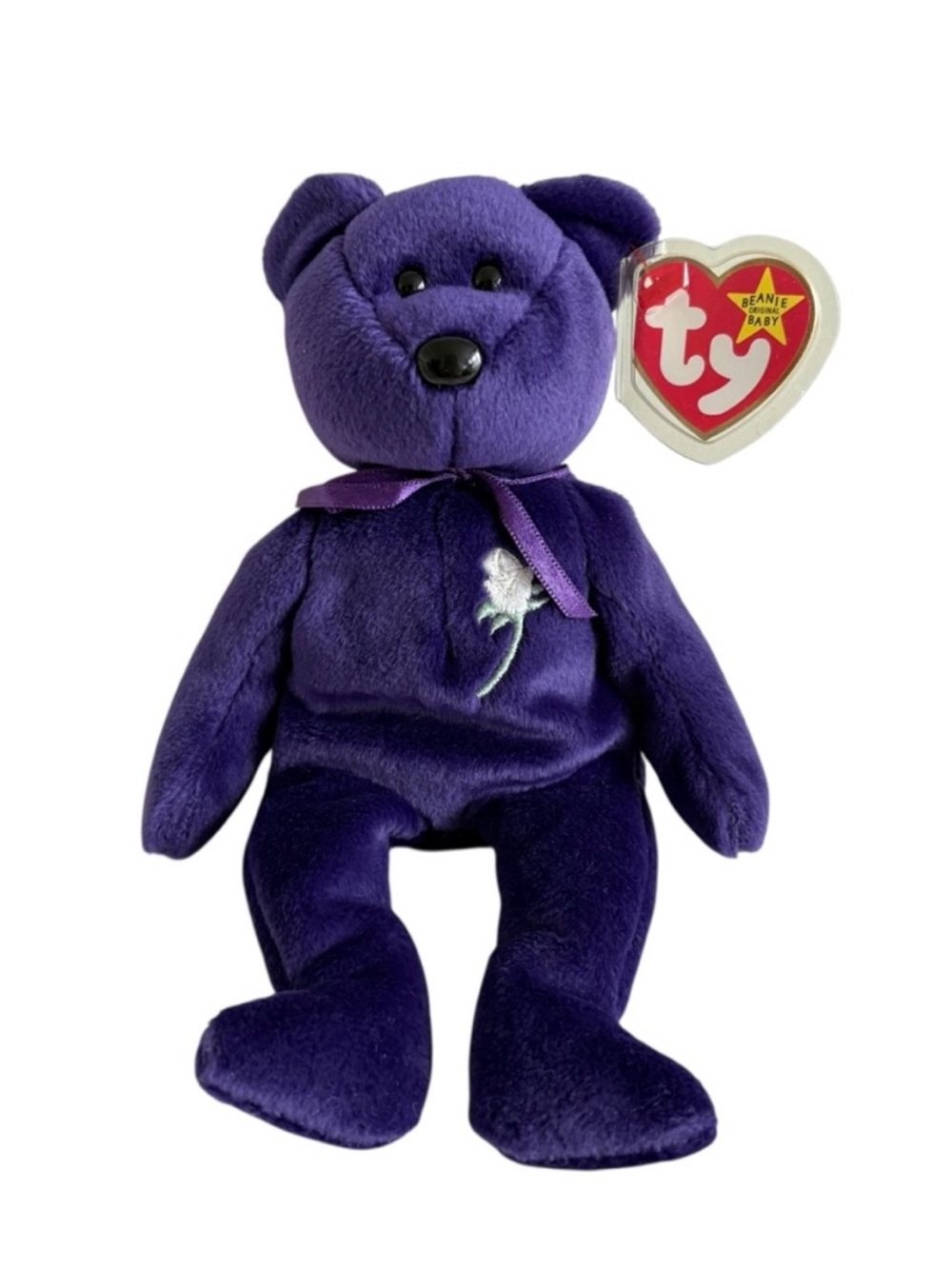 Ty Purple Beanie Plush Bear with White Rose
